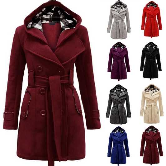 ✨【S-3XL】Nový kostkovaný kabát s kapucí z roku 2025, dvouřadý dlouhý kabát