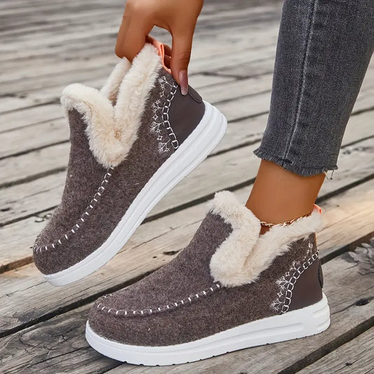 【36-43】Zimní nové dámské kotníkové boty v jednobarevné barvě s plyšovou podšívkou, pohodlné zimní boty, ploché sněhule pro větší velikosti