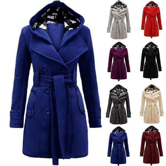 ✨【S-3XL】Nový kostkovaný kabát s kapucí z roku 2025, dvouřadý dlouhý kabát